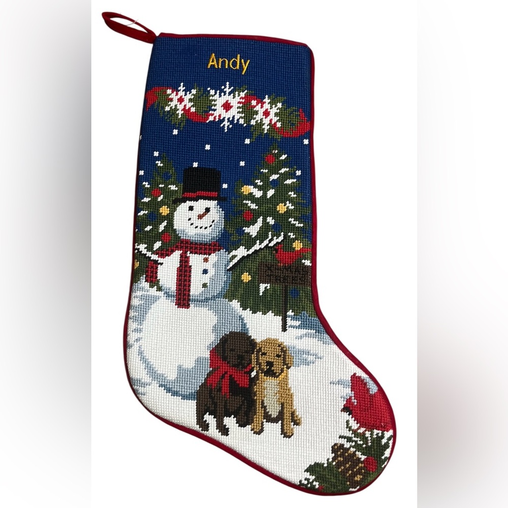 L.L. Bean Blue and Red Holiday Dog Stocking with Snowman and Puppies “Andy”